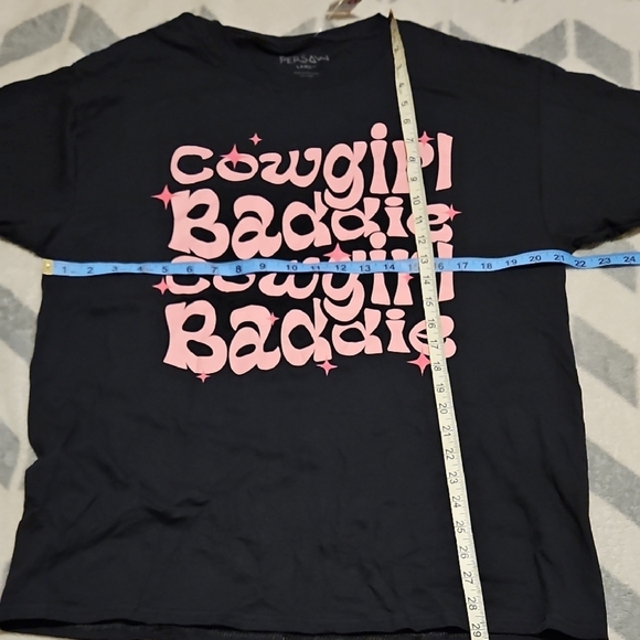 Persaya Womens Black Crew Neck Pink Cowgirl Baddie Glamour Boxy T-Shirt Cotton L - Picture 5 of 7